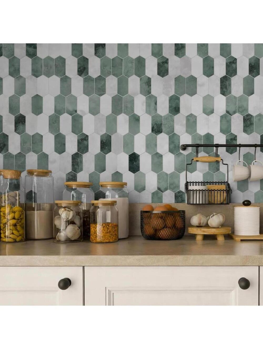 Green Hexagon Peel and Stick Backsplash Tiles - 10 Sheets - New in Box! - Picture 3 of 9